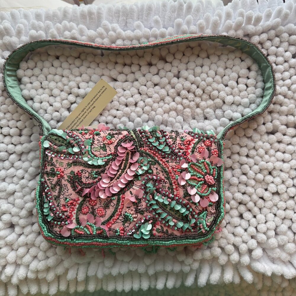 VIRAL BEADED PINK & GREEN PAISLEY SHOULDER BAG WITH FRINGE